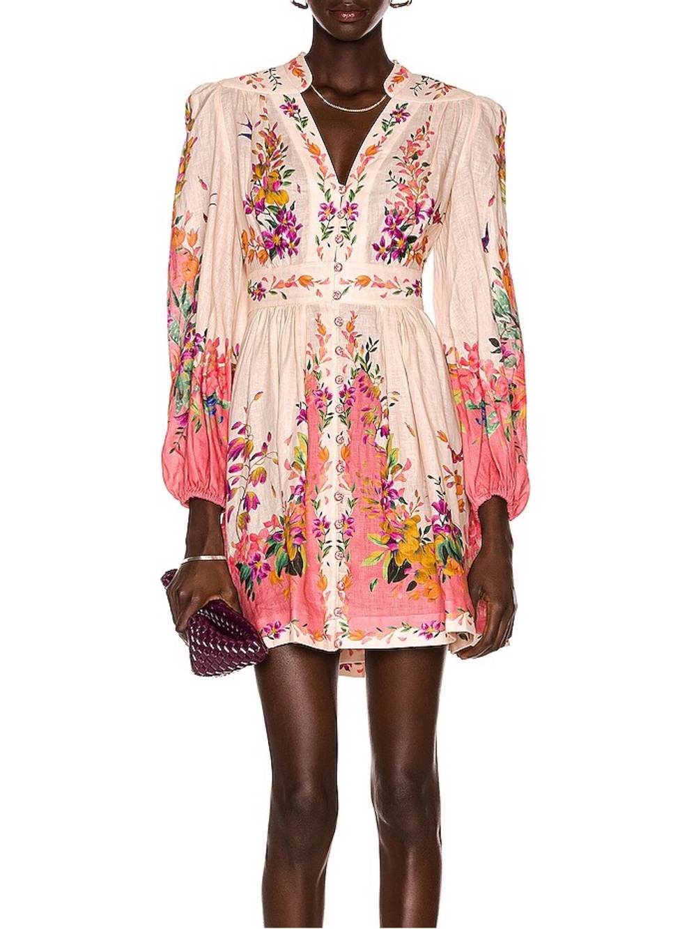 Zimmermann Pink Ombre Floral Long-Sleeve Mini Dress